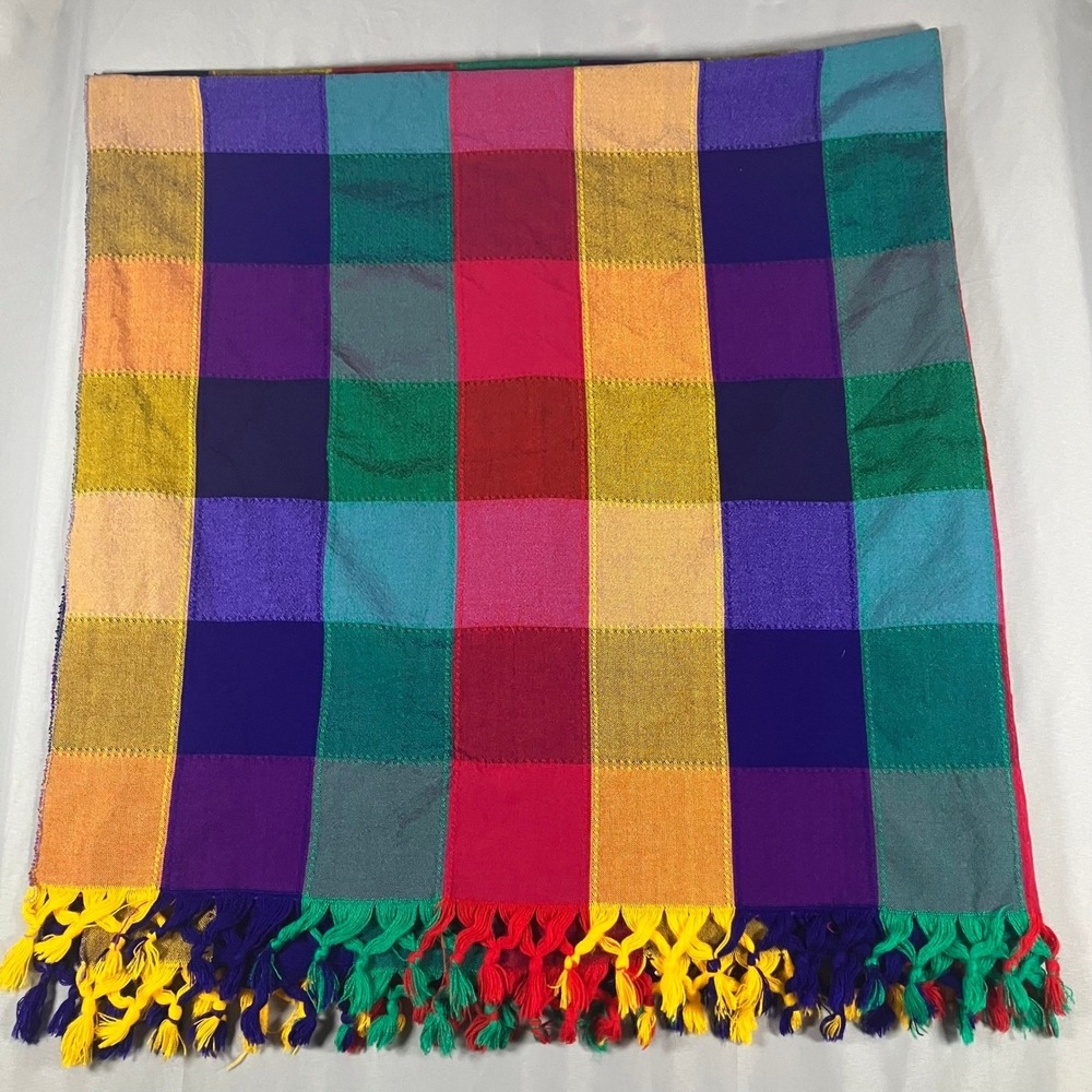 Vibrant Plaid Throw Blanket Tassel Fringe‎ 58x58 Multicolor Colorful
